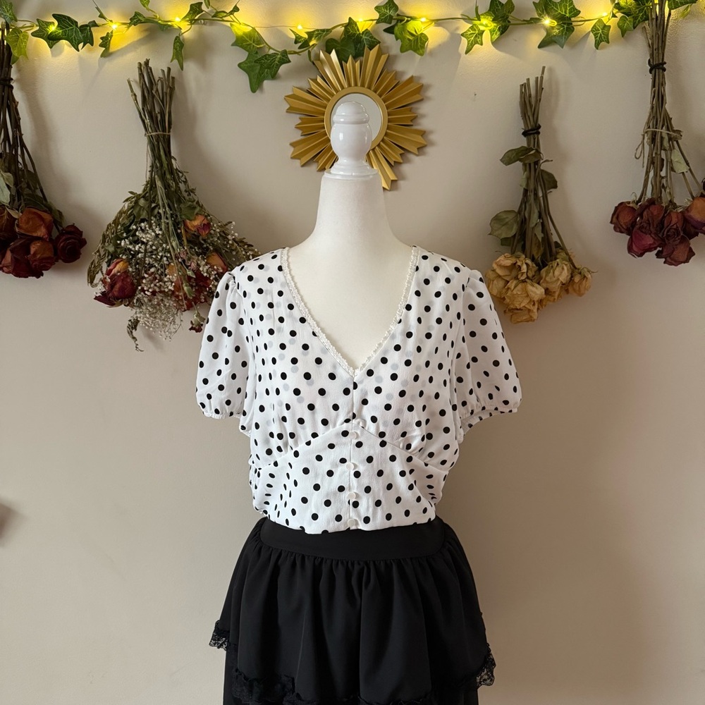 NWT Monteau Cottagecore Black and White Polka Dot Blouse